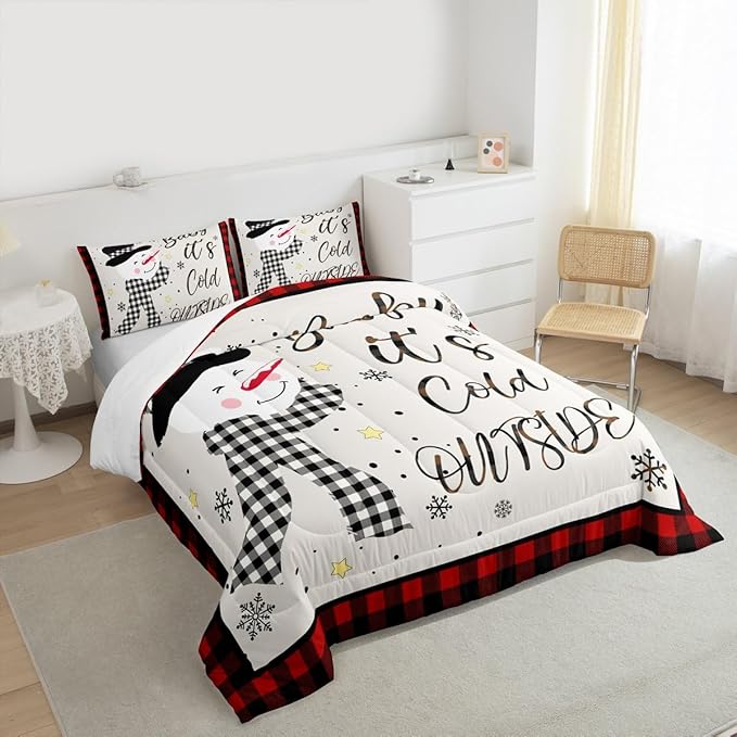 Kids Christmas Snowman Comforter Set King Size,Snowflake Winter Bedding Set,Girls Boys Adults Xmas Decor,Geometric Grids Lattices Patch Down Comforter,Red Rustic Vintage Duvet Insert,2 Pillowcases