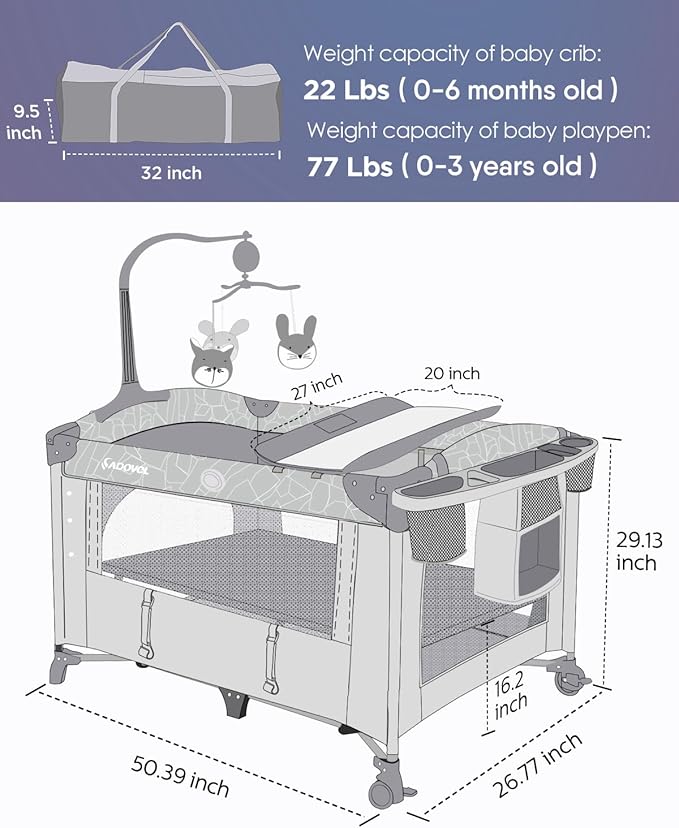 ADOVEL Baby Bassinet Bedside Crib, Pack and Play with Mattress, Diaper Changer and Playards from Newborn to Toddles, Grey