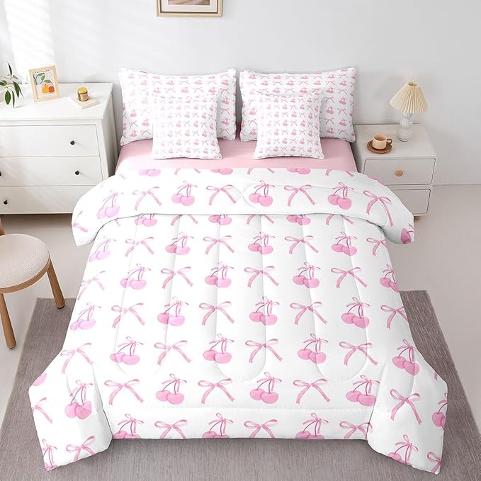 7 Pieces Cherry Bowknot Kid Comforter Set Twin,Pink Bow Tie Butterfly Knot Princess Bedding Set,Cartoon Bow Patchwork Dreamy Sweet（Comforter+Fitted+Flat Sheet+2 Pillowcases+2 Throw Pillow Covers）