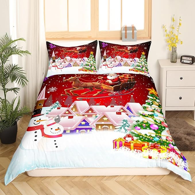 Manfei Christmas Duvet Cover Set Twin Size, Snowman Xmas Tree Bedding Set for Kids Boys Girls, Santa Claus with Reindeer Comforter Cover New Year Theme Quilt Cover with 1 Pillowcase, No Comforter