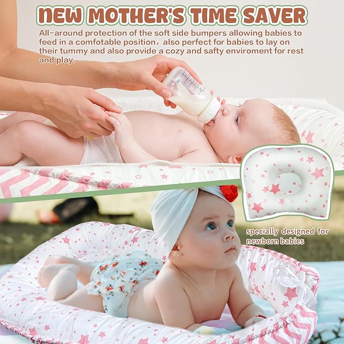 JIFTOK Baby Nests Lounger for Newborn, Snuggle Bassinet for 0-24M, Breathable Portable Co Bed, Baby Essentials Adjustable Infant Soft Cotton Loungers for Home & Travel -Pink Star