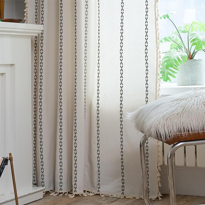 Deeprove Light Gray Boho Curtain 84 inches Long for Bedroom, Vintage Privacy Bohemian Embroidery Farmhouse Cotton Striped Linen French Country Tassel Window Treatments Decor, W52 x L84, 1 Panel