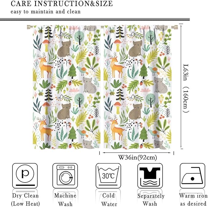 Cartoon Forest Kids Blackout Curtains,Cute Woodland Wild Animals Colorful Deer Plants Trees Print Pattern Thermal Insulation Window Drapes for Nursery Boys Girls Bedroom,White Background 72x63in