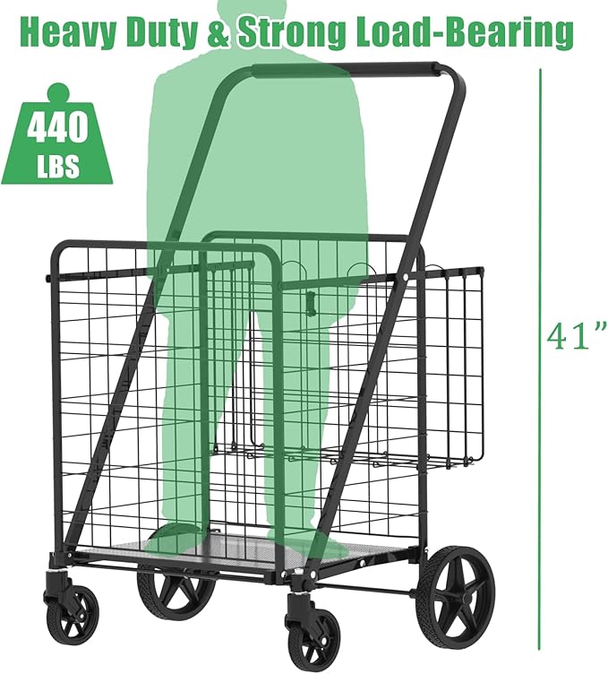 Heavy Duty Folding Shopping Cart with 360° Swivel Wheels, Waterproof Bag, Jumbo Utility Carts for Grocery, Laundry, Holds Up to 440 LBS, 37.5 Gallon