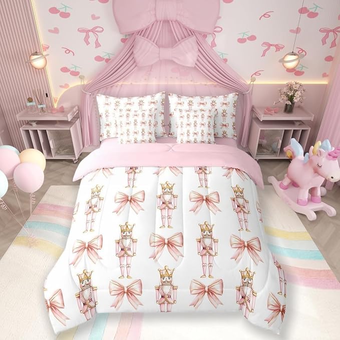 7 Pieces Cartoon Nutcracker Kids Comforter Set King,Pink Bowknot Romantic Princess Bedding Set,Ballet Merry Christmas Bow Tie Dreamy（Comforter+Fitted+Flat Sheet+2 Pillowcases+2 Throw Pillow Covers）