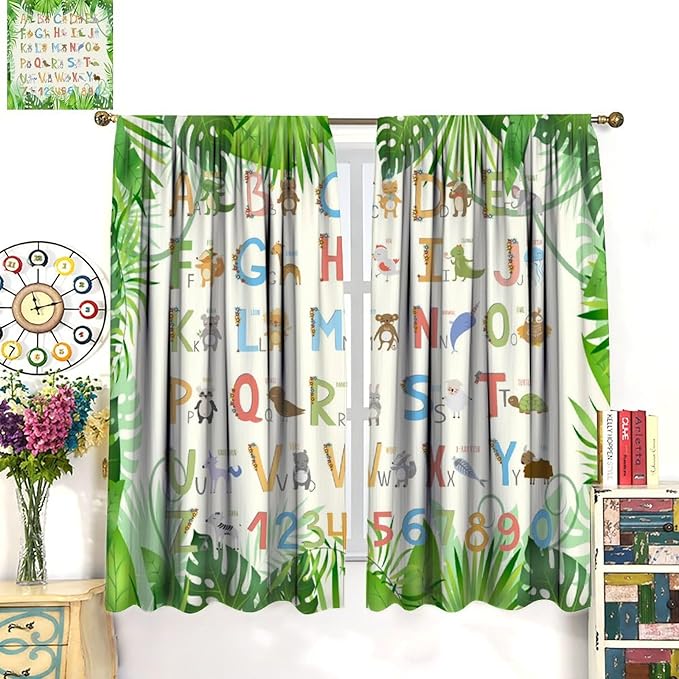 Kids Animal Alphabet Curtain Tropical Plant Alphabet Educational Printed Rod Pocket Blackout Window Drapes for Bedroom Living Room Nursery School 55" W X 63" L