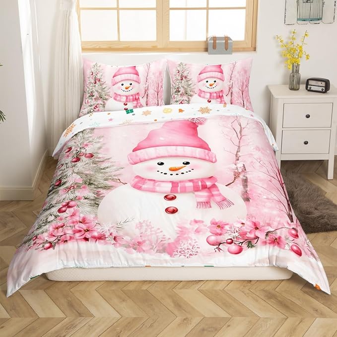 Manfei Christmas Kids Duvet Cover Set Twin Size, Cute Snowman Pink Flower Bedding Set for Boy Girl Room Decor, New Year Xmas Comforter Cover, Lightweight Bedspread Cover, 1 Pillowcase, No Comforter