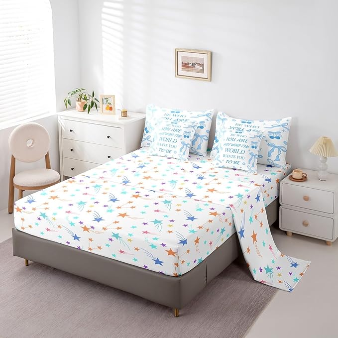 7 Pieces Blue Bowknot Kids Comforter Set Full,Cherry Tropical Fruit Cartoon Princess Bedding Set,Bow Tie Stars Daisy Cute Blue Dreamy（Comforter+Fitted+Flat Sheet+2 Pillowcases+2 Throw Pillow Covers）