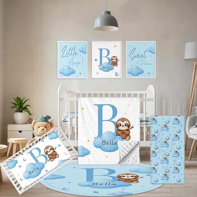 Personalized Baby Bedding Set, 5 Pcs Custom Baby Crib Sets with Name, Toddler Bedding Set for Baby Girls Boys, Blue Sloth Double Layer Nursery Bedding Set, Customized Gifts for Infants Kids