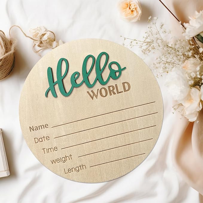 Baby Announcement Sign, 5.9 Inch Wooden Hello World Newborn Signs, Birth Announcement Sign, Baby Shower Hospital Nursery for Newborn Boys and Girls (Green,Pen)