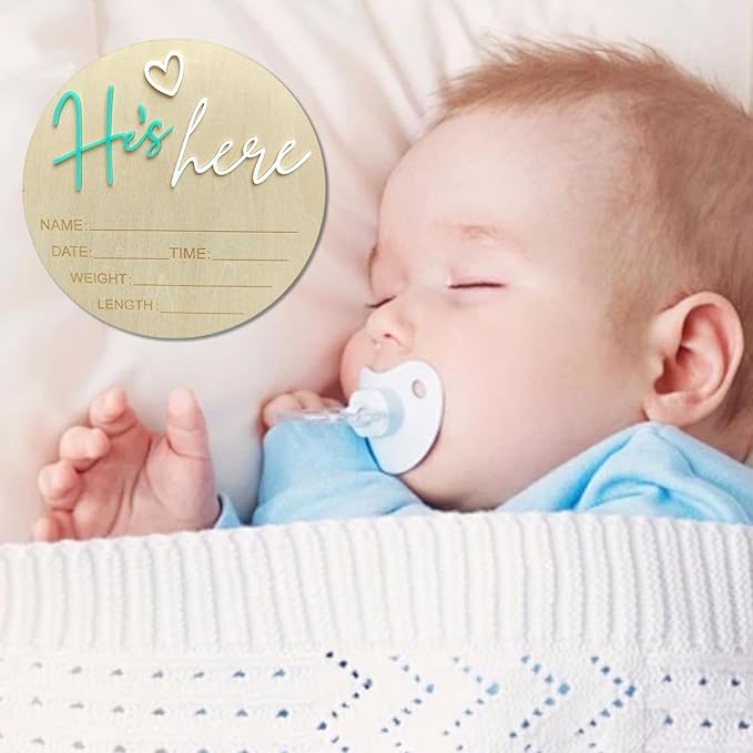 Baby Announcement Sign, 5.9 Inch Wooden Hello World Newborn Signs, Birth Announcement Sign, Gender Reveal Signs, He's here Decoration, Welcome Newborn Arrival To World, Hospital Nursery for Baby (Green He's)