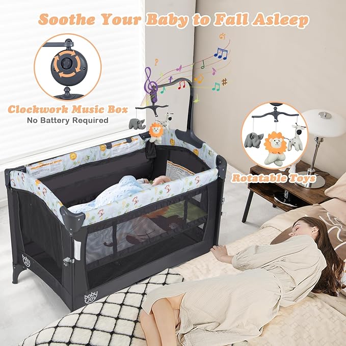 BABY JOY 4 in 1 Pack and Play, Baby Bedside Sleeper with Bassinet, 3 Adjustable Heights, Music Box, Easy to Install, Foldable Bedside Crib w/Changing Table, Playards from Newborn to Toddlers