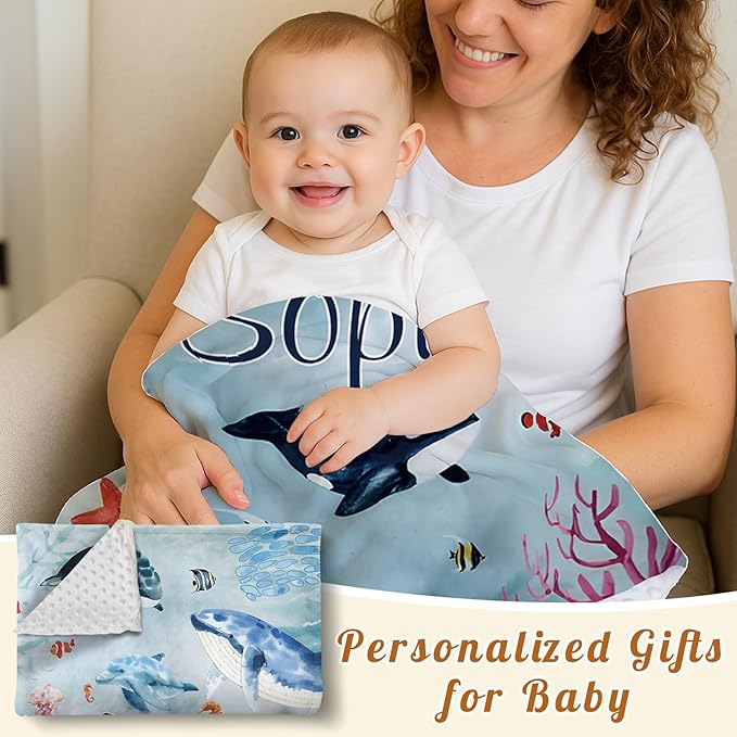 Custom Baby Blanket - Ocean Animals Theme Personalized Name Blanket for Boys Girls, Soft Infant Toddler Blanket with Whale and Dolphin, Customizable Nursery Bedding (47" x60)