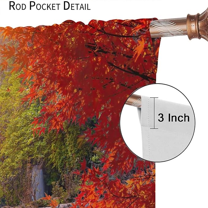 Forest Waterfall Blackout Windows Curtains, Autumn Red Green Maple Leaves Jungle Rainforest Natural Scenery Landscape Curtains, for Living Room Bedroom 72x63in 2 Panels