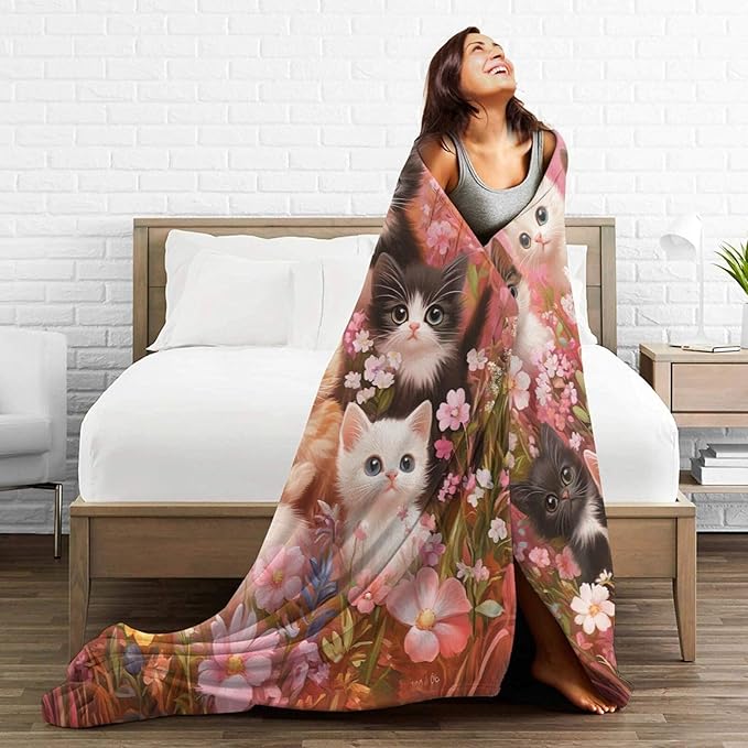 Pink Cat Blanket Funny Cats Throws Pet Animal Print Plush Fuzzy Fleece Blankets Gifts for Girls Boys Super Soft Warm Cozy Butterfly Flower Stuffed for Kids Men Women Bed Sofa Bedding 60"x50"