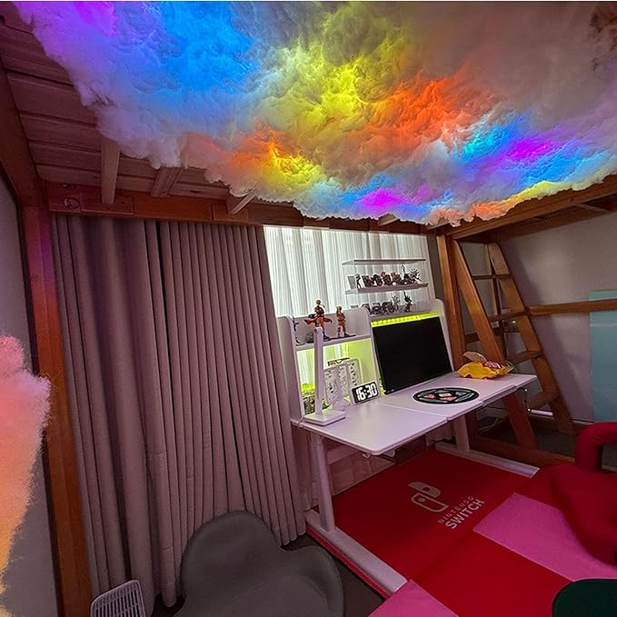 16ft 3D Thundercloud Ceiling Light with Realistic Thunder Effect - DIY Creative LED Cloud Ceiling Light Kit, Remote & Music Sync color change for Bedroom, Gaming/Computer room, Party, Bar Decoation