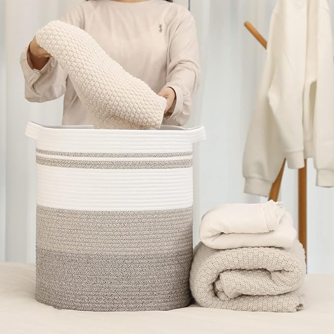 laundry hamper 18x18x20,80L – large basket for blankets,toy basket, Cotton Rope Blanket Basket Living Room, Baby Laundry hamper for Blanket, Nursery, –stuffed animal storage( Double khaki)