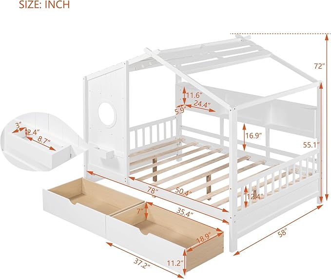 Merax Wood Full House Daybed with Drawers & Storage Shelves,Day Bed for Kids Boys Girls No Box Spring Needed White