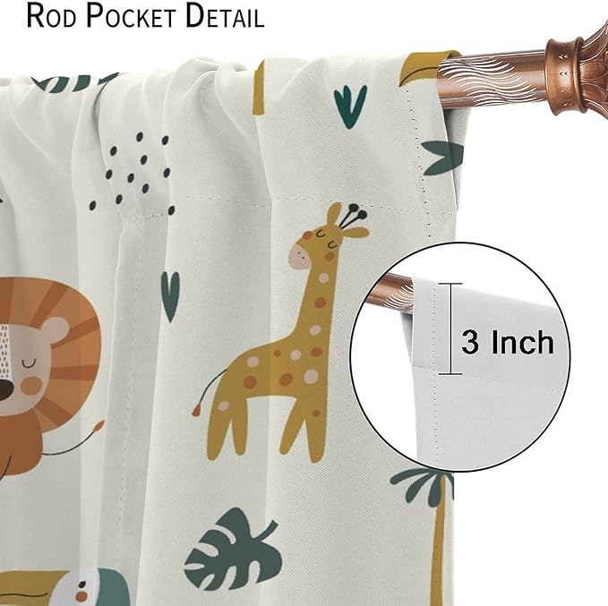Cute Lion Window Curtains for Kids Bedroom,Cartoon Woodland Jungle Forest Wildlife Little Lion Giraffe Owl Palm Tree Printed Pattern Blackout Drapes for Living Room Baby Nursery Room 63x63in