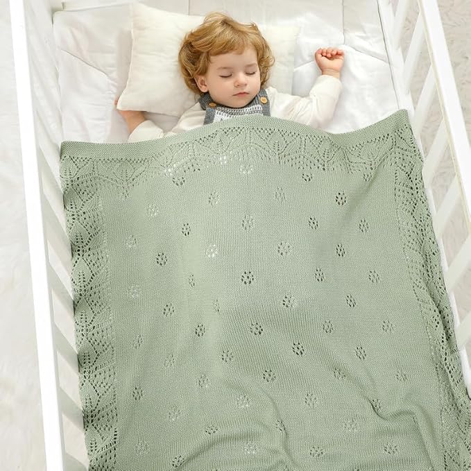 LAWKUL Cellular Blanket Baby 100% Cotton Knitted Soft Knit Crochet Blankets for Newborn Boy Girls Infants Green 100x80cm