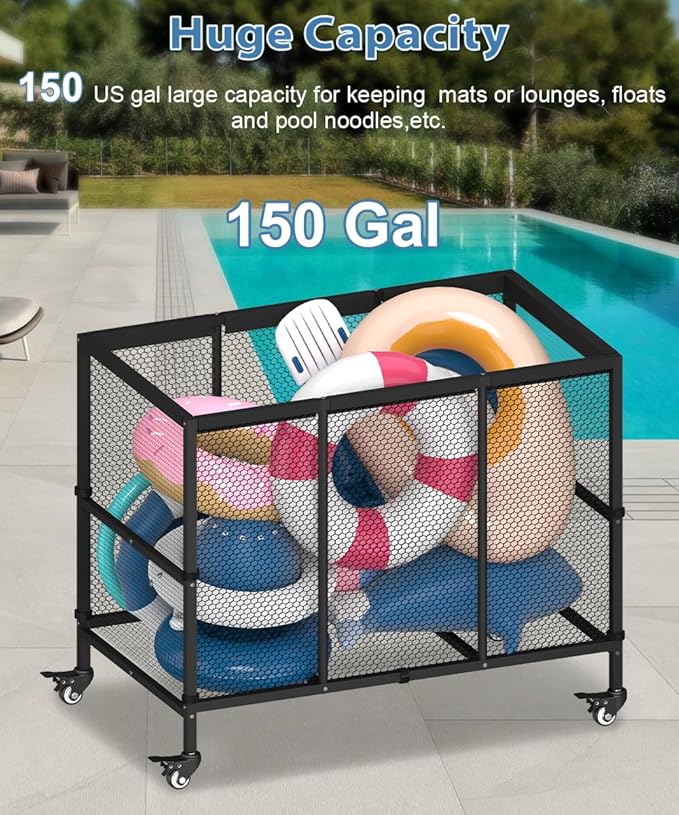 150 Gallon Swimming Pool Storage Bin, Outdoor Rolling Pool Toy Organizer Cart for Swimming Acessories, Pool Noodles Holder for Floaties, Life Vests, Beach Essentials, Patio Furniture, Black