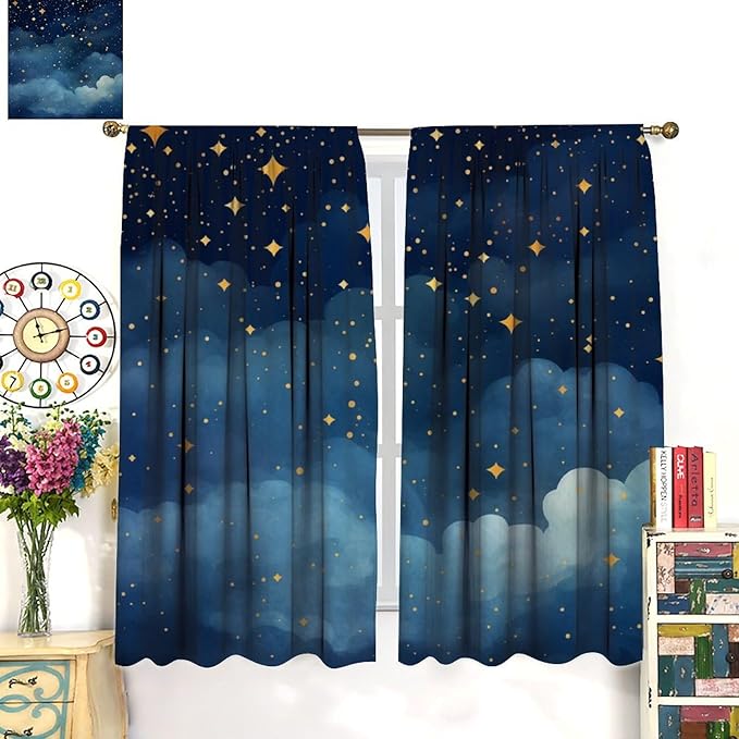 Night Sky Stars Curtain for Kids, Blue Starry Space Galaxy Pattern Window Treatments for Boys Girls Bedroom Toddlers Room Living Room Decor 42" W X 45" L