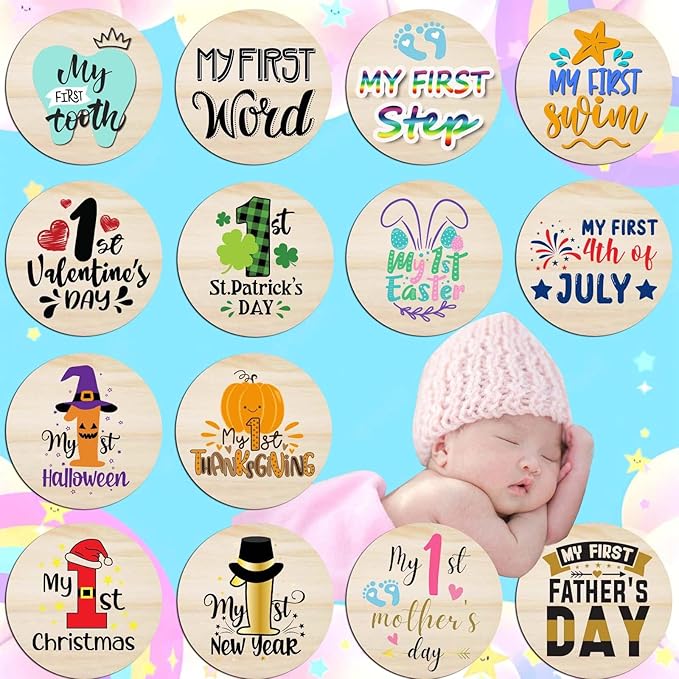 Baby First Holiday Milestone Cards, 7 Pack Double Sided Wooden Baby Milestone Signs for Newborn Girl or Boy, Baby Shower Cards Come with Organza Gift Bag (First Special Moments)