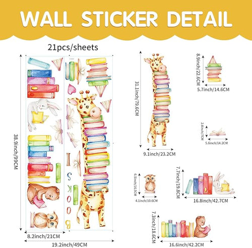 Animals Reading Books Wall Decals Watercolor Large Giraffe Bear Rabbit Owl Read Books Wall Stickers for Kids Bedroom Nursery Playroom Classroom Library Reading Corner Decoration
