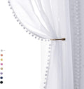 Treatmentex Snow White Sheer Curtains 95" Bedroom Decorative Pompom Trimmed Voile Window Curtain for Living Room Linen Look 2 Panels