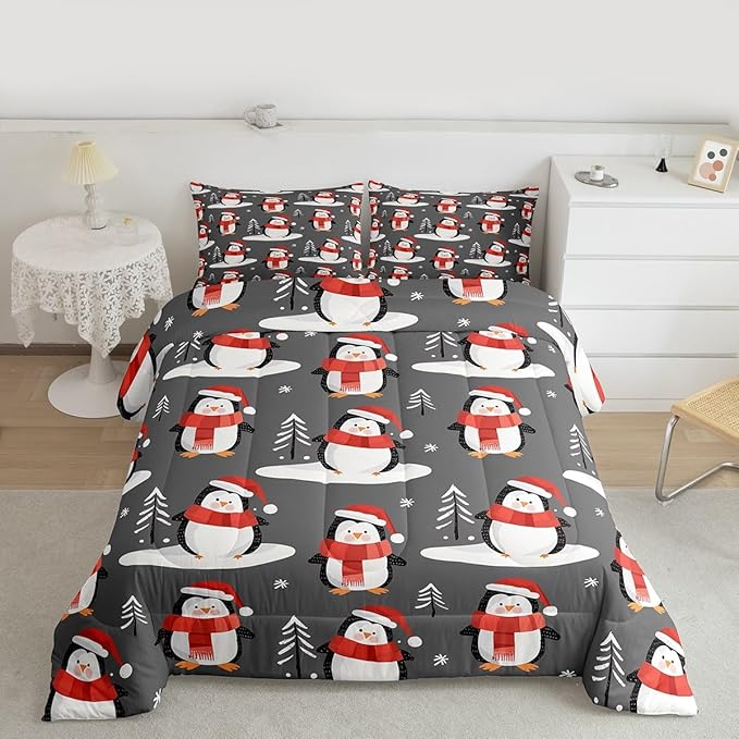 Feelyou Christmas Comforter Set All Season Penguin Bedding Set with 2 Pillow Cases Snowflake Microfiber Kids Full Bedclothes Pine Tree Bedroom Decor Duvet Quilt Breathable Soft Lightweight