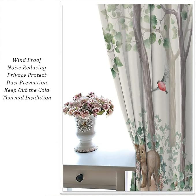 Forest Animal Curtains,Fox Elk Bird Animal Watercolor Woodland Print Curtains Kids Nursery Bedroom Living Room Home Decoration 42x54 Inch