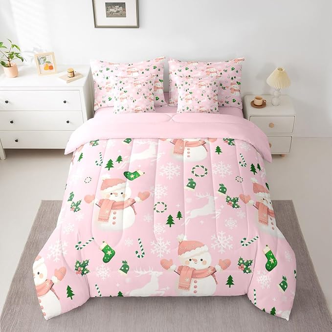 Feelyou Pink Christmas Comforter Set King Size 7 Pieces Cartoon Deer Snowman Bedding Set for Kids Boys Girls New Year Pink Bed in a Bag Reversible Xmas Decor Bedroom Quilted Breathable Soft