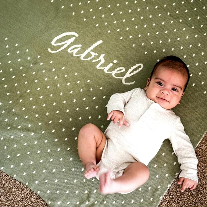 Personalized Spots Name Blanket – 100% Organic Cotton Customized Baby Blanket, Custom Name, Crib 36x60, Gift for Baby Shower, Birthday Present, Girls and Boys, Toddlers Kids, Made In America