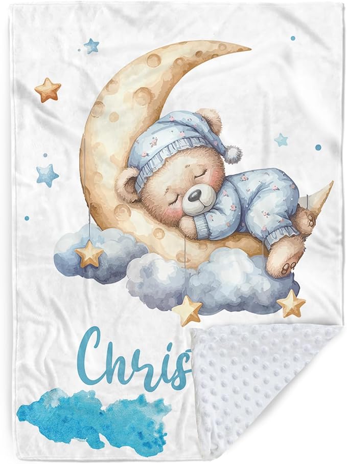Personalized Baby Blanket with Name, Customized Blanket for Newborn Boys Girls, Sleepy Bear Theme Baby Name Blanket with Dotted Backing, Receiving Swaddle, Baby Shower Birthday Gifts(47" x60)