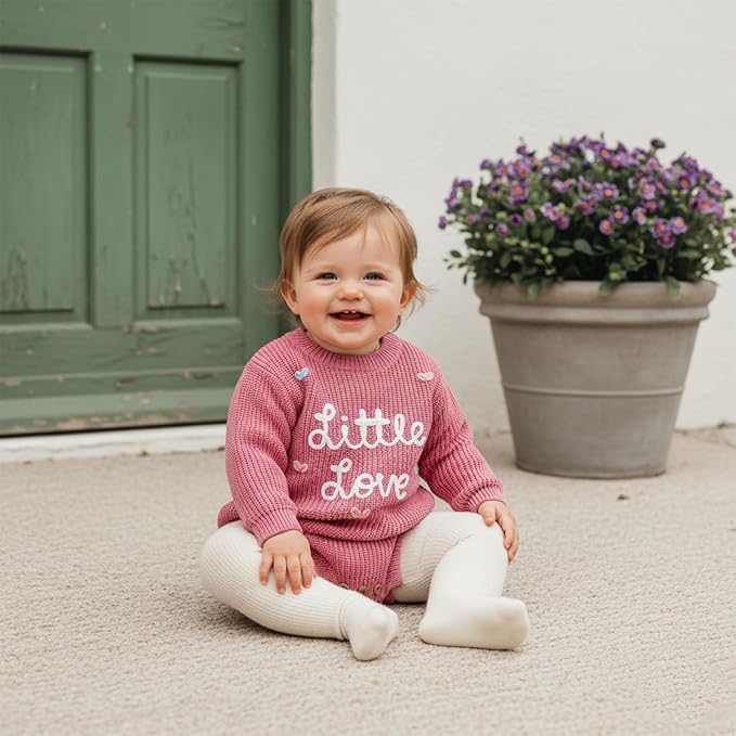 Lesimsam Newborn Baby Boy Girl Valentines Day Outfit Oversized Embroidery Long Sleeve Knit Sweater Bubble Romper Bodysuit