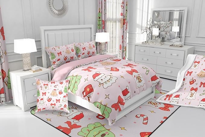 Feelyou Christmas Bedding Set Soft for Boys Girls, Cute Bow Comforter Set Full Size Cute Ghost Duvet Quilt Microfiber Coquette Bow Knot Bedroom Decor Candy Print 3 Pcs with 2 Pillow Cases