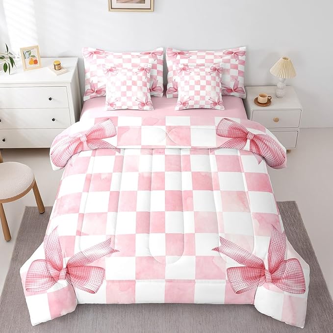 7 Pieces Pink Bowknot Kids Comforter Full,Geometric Grid Checkered Patchwork Fashion Bedding Set,Bow Tie Knot Princess Chic Unique（Comforter+Fitted+Flat Sheet+2 Pillowcases+2 Throw Pillow Covers）