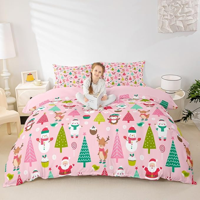Christmas Bedding Set for Kids Boys Girls Cute Santa Claus Deer Comforter Cover Set Pink Christmas Tree Duvet Cover Bedroom Decor Kawaii Xmas Theme Bedspread Cover Toddler Size Bedding Collection 2Pcs