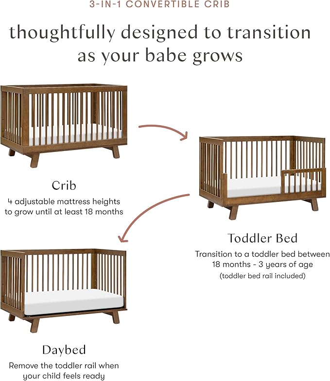 babyletto Hudson 3-in-1 Baby Crib Convertible to Toddler Bed & Daybed - GREENGUARD Gold Certified - 4 Adjustable Heights - Made of 100% Solid Wood - Includes Toddler Conversion Kit - Natural Walnut