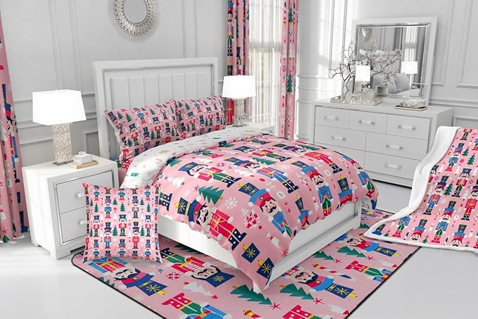 Feelyou Cute Nutcracker Kids Comforter Set King Christmas Tree Bedding Set Xmas Snowflake Duvet Quilt for Kids Boys Girls Bedroom Colorful Soldier Decor Candy-Cane Designs Microfiber Soft Breathable