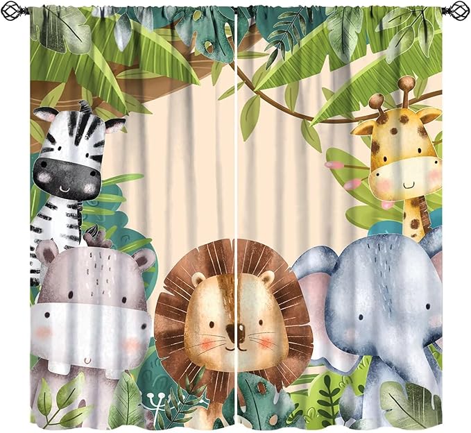 Jungle Animals Curtains Colorful Forest Cartoon Wildlife Lion Giraffe Elephant for Kids Boys Girls Nursery Bedroom Living Room Blackout Rod Pocket Decoration Window Drapes 2 Panels W31.5xL72in