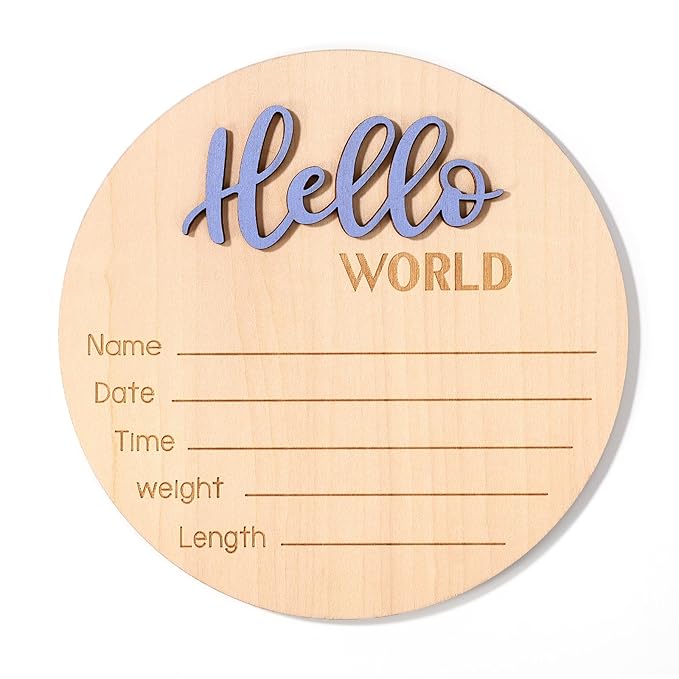 Newborn Announcement Sign, 5.9 Inch/15cm Wooden Hello World Plaques Baby Welcome Sign Birth Newborn Name Plaques for Boys and Girls Photo Props Baby Shower Hospital Nursery (Blue)