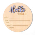 Newborn Announcement Sign, 5.9 Inch/15cm Wooden Hello World Plaques Baby Welcome Sign Birth Newborn Name Plaques for Boys and Girls Photo Props Baby Shower Hospital Nursery (Blue)