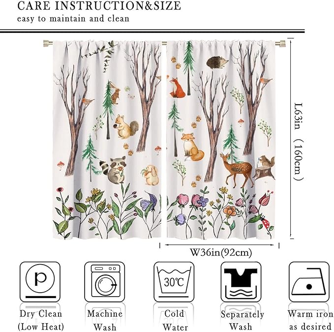 Forest Animal Kids Curtains, Watercolor Cartoon Window Treatments, Cute Animal Floral Girl Toddler Home Bedroom Living Room Drapes 72x63in