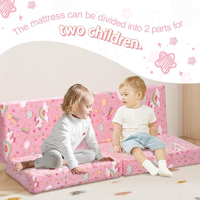 MeMoreCool Foldable Floor Mattress for Kids, Glow Toddler Nap Mat for Sleeping and Daycare, Portable Trifold Futon Mattress Floor Bed, Unicorn