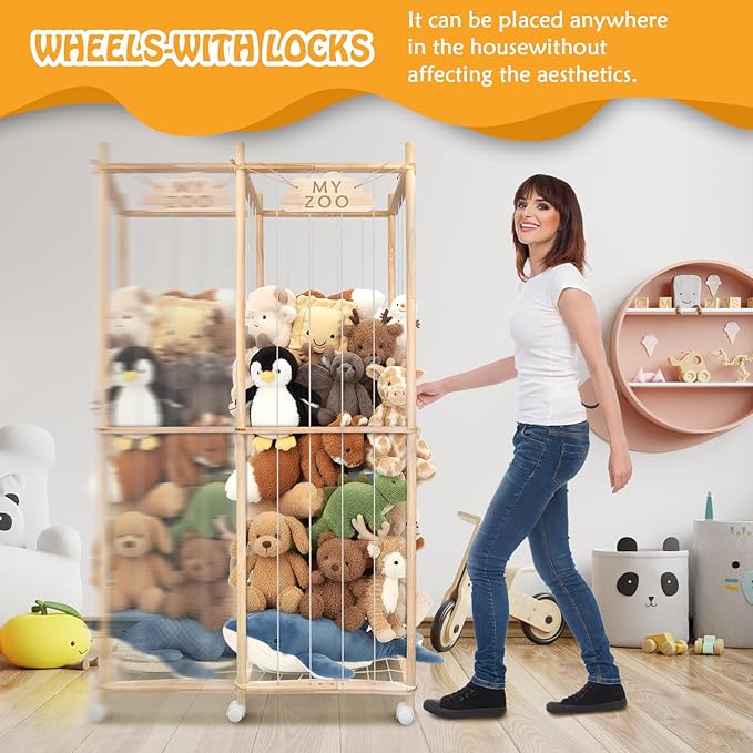 Stuffed Animal Storage Zoo with Wheels, 63'' Tall Large Wooden Plushies Storage Stuffed Animals Holder, Plush Toy Organizer Stuff Animal Zoo with Elastic Band and Net for Toddlers Playroom, Bedroom