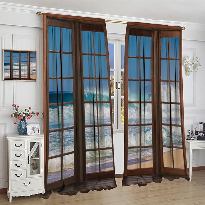 Ocean Beach Curtains,Waves Crashed Beach Hawaiian Seaside Scene Pattern Blackout Print Home Bedroom Living Room Window Treatments 2 Panel Set 72x63 Inch
