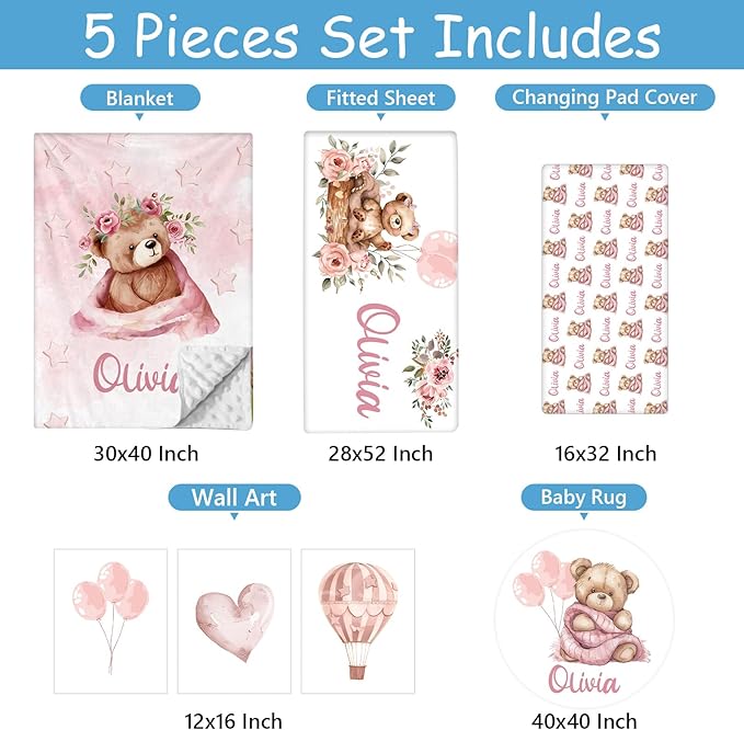 Personalized Crib Bedding Set for Girls, Custom Name Nursery Bedding Sets 5 Pcs, Pink Bear Baby Crib Set for Newborn Infant Toddler, Soft Flannel Double Layer Baby Blanket, New Parents Gifts