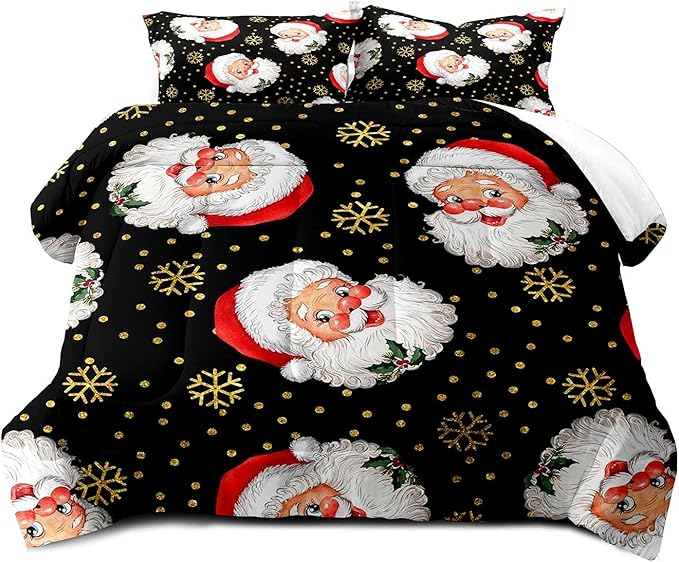 LUVIVIHOME 3PCS Merry Christmas Comforter Set Full Size, Gold Snowflake Funny Cute Santa Claus Bedding, Christmas Bedroom Decor, Soft Breathable Microfiber Black Quilt, Xmas Gifts, 2 Pillow Shams