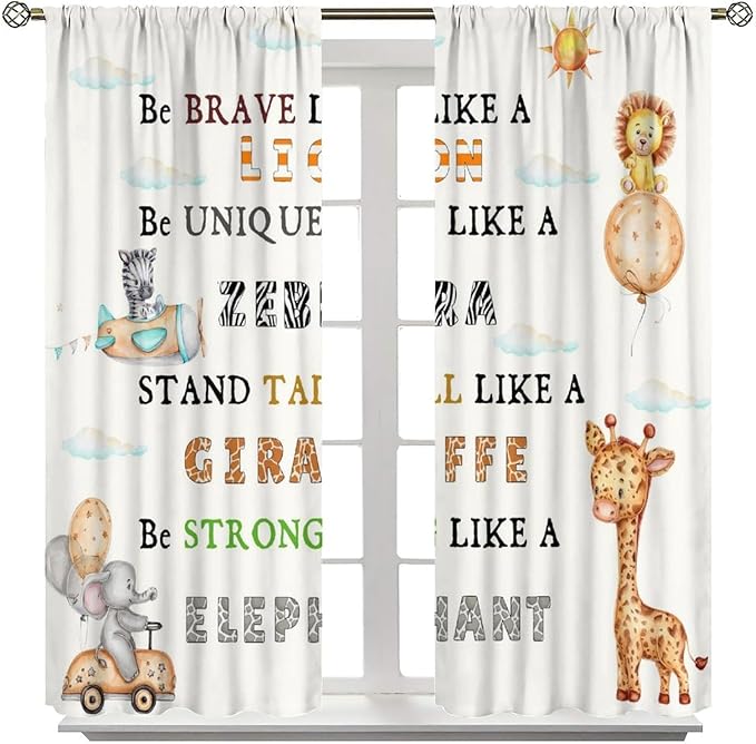 Cartoon Animals Curtains, Cute Jungle Animal Zebra Elephant Lion Giraffe Blackout Window Treatments, Rod Pocket Thermal Insulated Drapes 2 Panel Sets for Kids Bedroom Nursery Classroom, 63"W X 72"L
